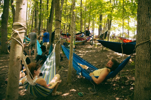 Folkies relax in hammocks Dulcimer Grove at the Philadelphia Folk Fest | Photo by Hope Helmuth | hopehelmuth.com