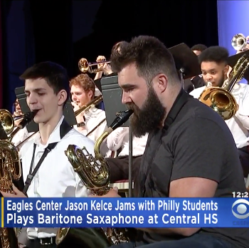 Watch Eagles center and baritone sax player Jason Kelce sit in with students at Central High School