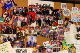 The bulletin board at Philly Style Pizza & Grill, which doubles as a DIY venue for local bands.