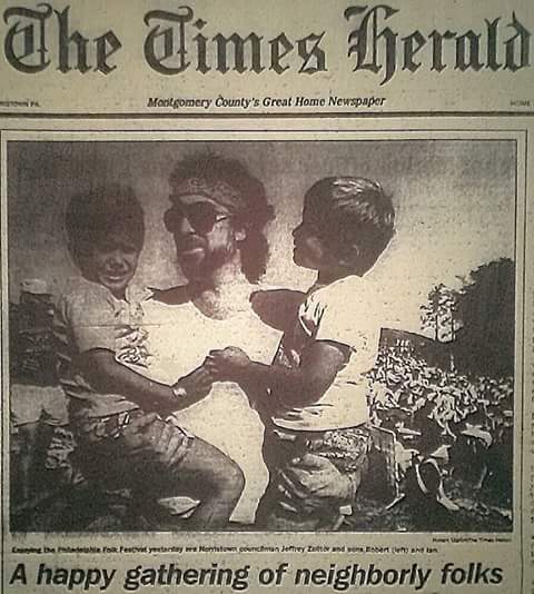 Ian Zolitor, left, photographed at Folk Fest with his father Jeffrey and brother Rob, on the cover of the Norristown Times Herald in 1989