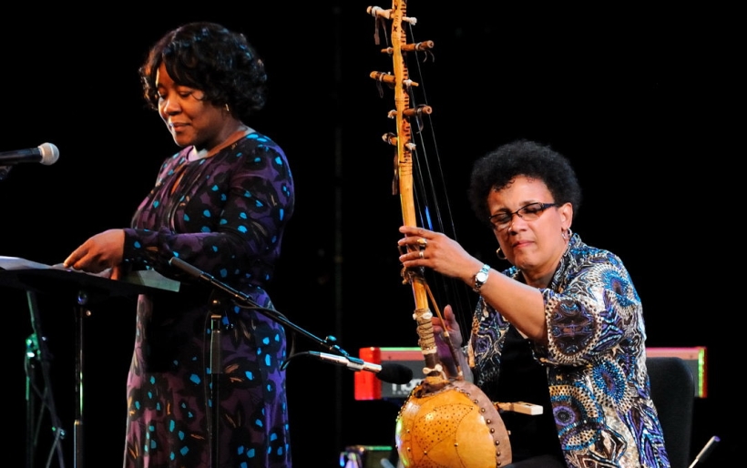 Poet Trapeta B Mayson and Monnette playing the Sengoni | photo by Michael Donnella | courtesy of the artist